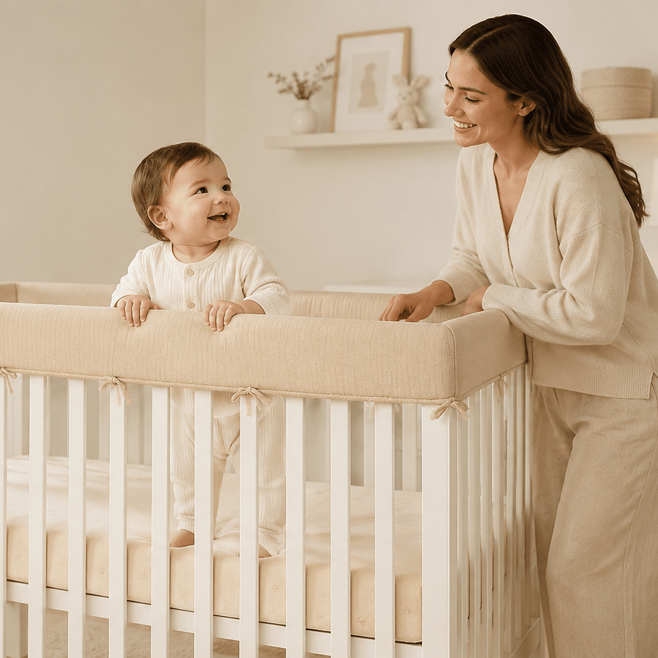 A smiling baby standing in a soft crib in a warm, sunlit nursery